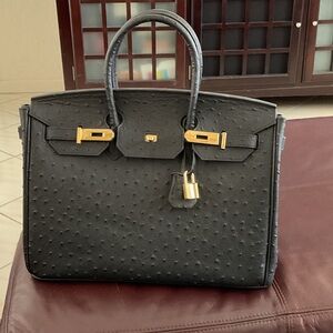 Black Ostrich-Texture Top-Handle Satchel with Gold Hardware